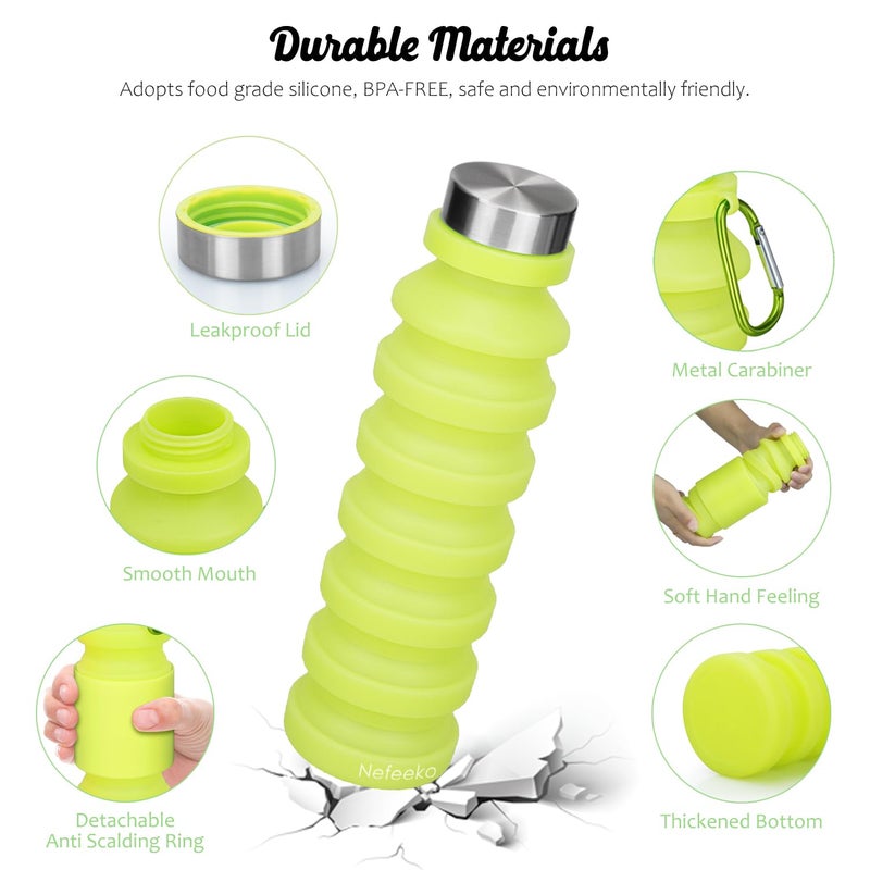 Nefeeko Collapsible Water Bottle, 18floz Reuseable BPA Free Silicone Foldable Water Bottles for Travel Gym Camping Hiking, Portable Leak Proof Sports Water Bottle with Carabiner - Image 3